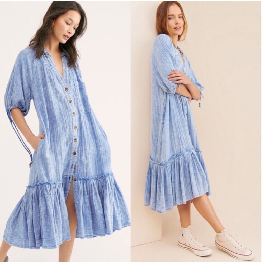 Free People Maya Shirtdress Shirt Dress Blue Cotton Womens XS Boho Beachy Casual